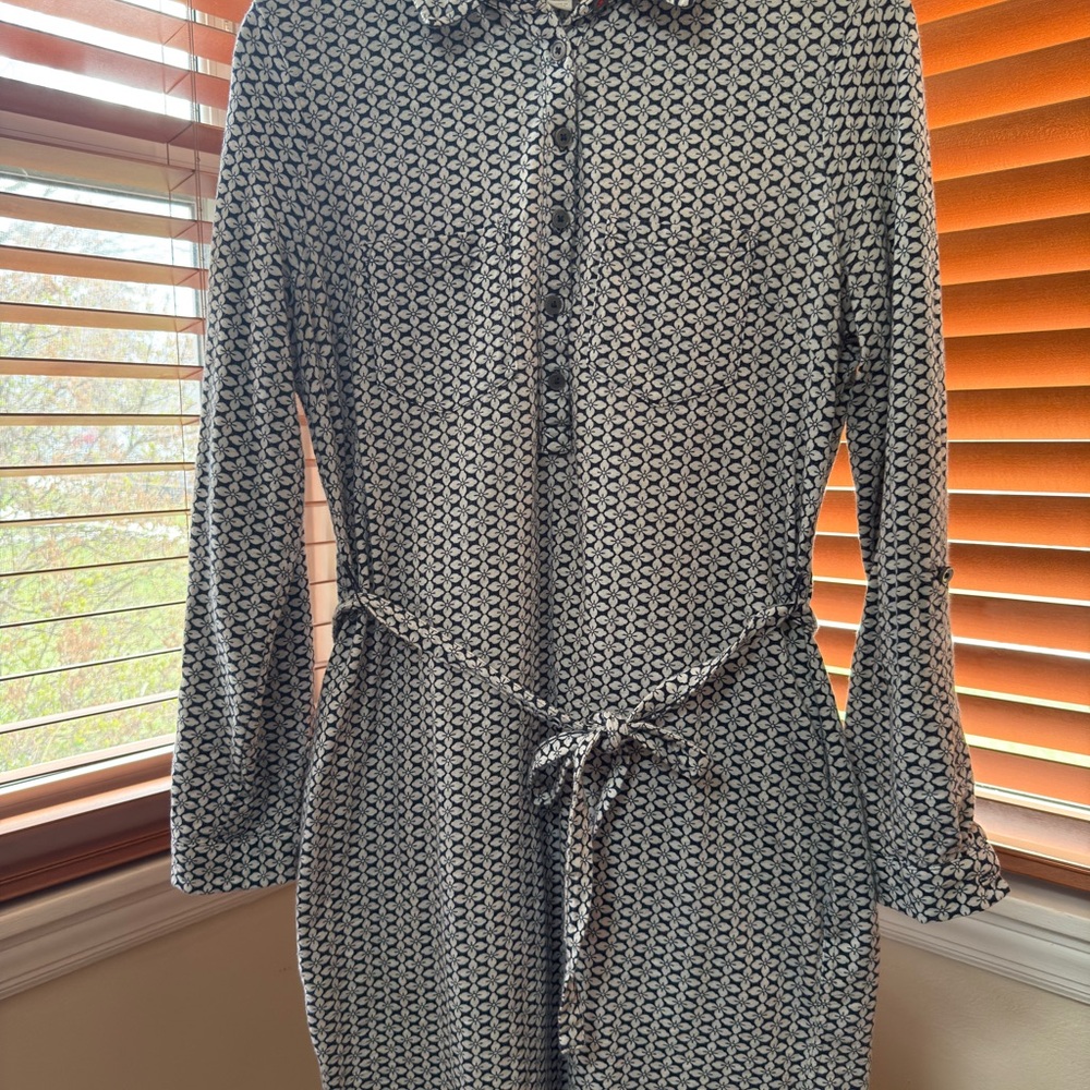 Boden Navy & White Printed Tie-Waist Long Sleeve Shirt Dress